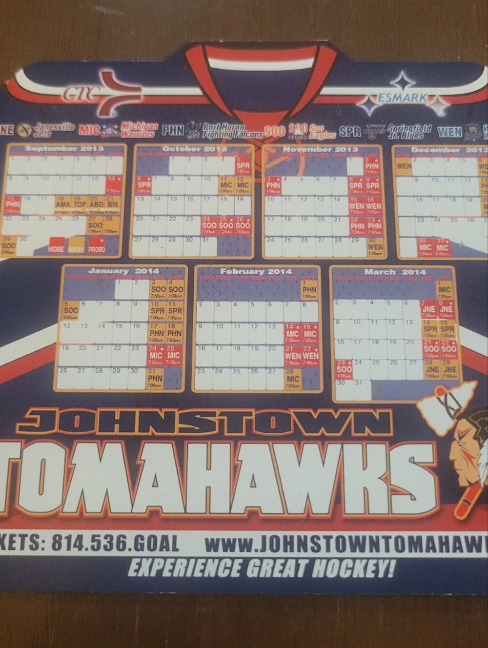Johnstown Tomahawks NAHL 2013-2014 Magnetic Schedule